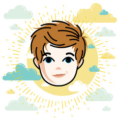 Boy face, vector human head illustration, portrait. Red-haired teenager expressing positive emotions.