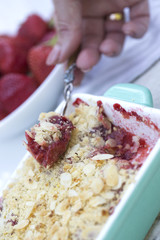 . Summer strawberry tart with crumble. sweet pie. crumble with strawberries.