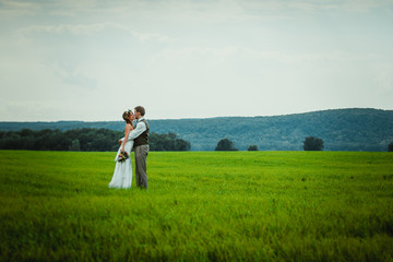 Fototapeta na wymiar bride and groom stand on the background of the field