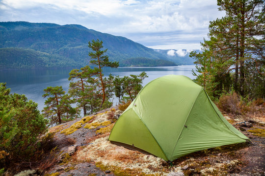 Wild camping by a lake in Norway