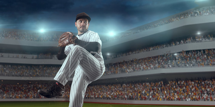 Baseball player throws the ball on professional baseball stadium