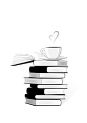 Fototapeta premium black and white stack of books and a cup of coffe or tea on the top isolated on the white background, vertical vector illustration