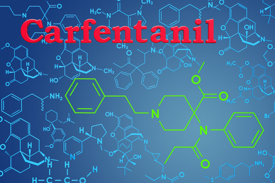 Carfentanil or carfentanyl. Chemical formula, molecular structure. 3D rendering