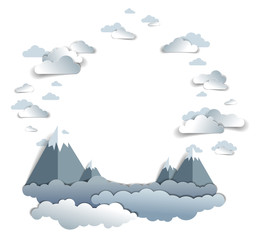 Scenic landscape of mountain peaks range, cloudy sky, frame or border with copy space, summer vector illustration in paper cut kids style. Summer holidays, travel and tourism.