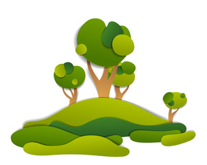 Scenic landscape of meadows and trees, summer fields and grasslands vector illustration in paper cut kids style. Summer holidays in countryside, travel and tourism.