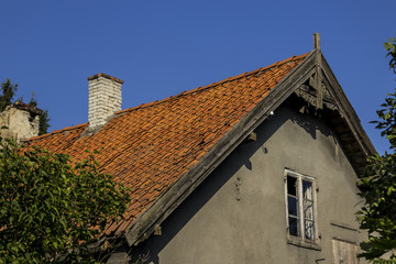 Carved wooden details of the roof. . The beginning of the twentieth century. The resort town of Krynica Morska (Kahlberg).The shore of the Baltic Sea.