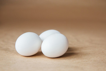 white chicken eggs on brown background