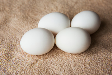 Fototapeta na wymiar white chicken eggs on the tablecloth