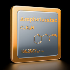 Amphetamine. Icon, chemical formula, molecular structure. 3D rendering