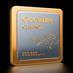 Cocaine. Icon, chemical formula, molecular structure. 3D rendering