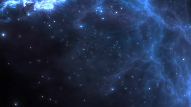 Traveling through space nebula and star fields in deep space. 3D animation