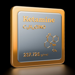 Ketamine. Icon, chemical formula, molecular structure. 3D rendering