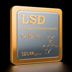 Lysergic acid diethylamide (LSD). Icon, chemical formula, molecular structure. 3D rendering