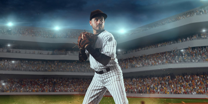 Baseball pitcher catch the ball on professional baseball stadium