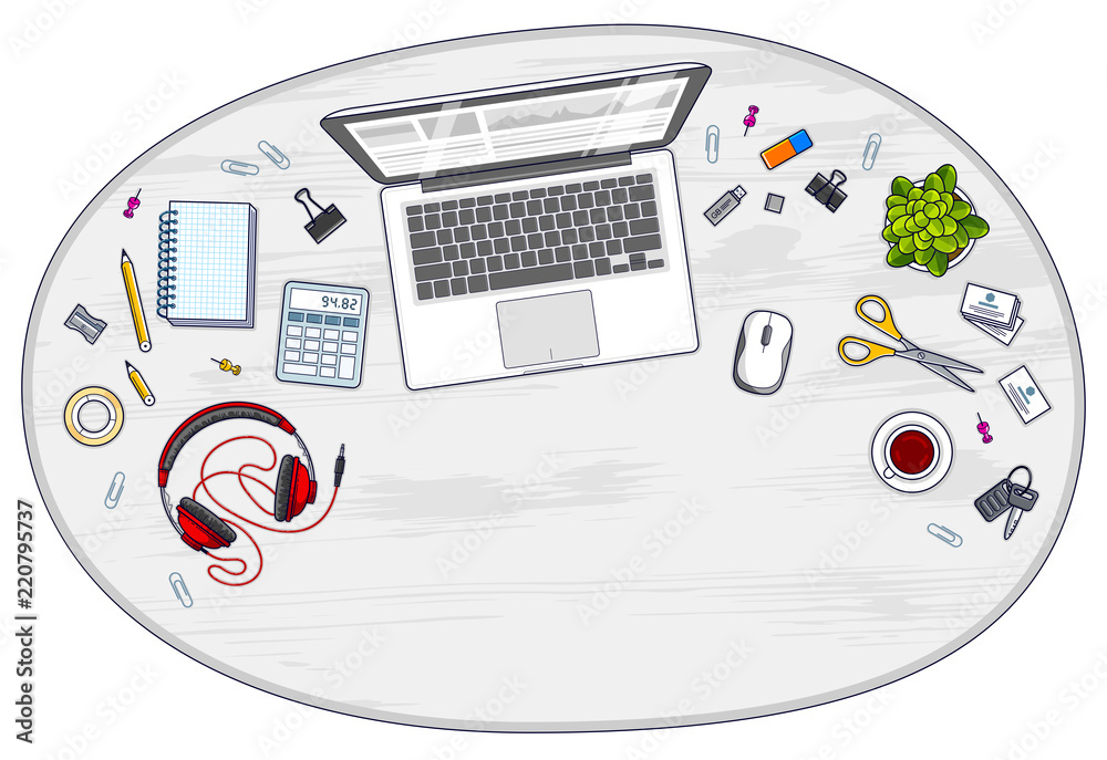 Fototapete office desk workspace top view with laptop computer and diverse stationery objects for work with cop