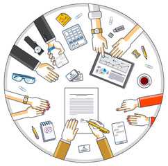 Businessman signs a document while team of business people presenting and explaining to him their analytics and plan, credit loan for startup investor, top view of people hands. Vector illustration.