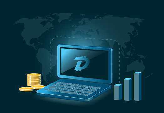 Digibyte Cryptocurrency Coin Global Laptop Trade Background 