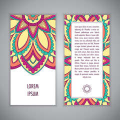 Greeting card or Invitation template with ethnic mandala ornament. Hand drawn vector illustration