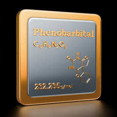 Phenobarbital. Icon, chemical formula, molecular structure. 3D rendering