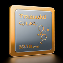 Tramadol. Icon, chemical formula, molecular structure. 3D rendering