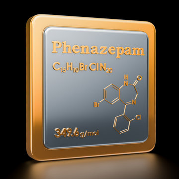 Phenazepam. Icon, chemical formula, molecular structure. 3D rendering