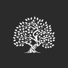 Organic natural and healthy olive tree silhouette logo isolated on dark background.