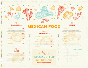 Mexican Food Restaurant menu, template design with sketch icons of Chili pepper, sombrero, tacos, nacho, burrito.Chalkboard Food flyer for promotion, site banner