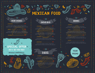 Mexican Food Restaurant menu, template design with sketch icons of Chili pepper, sombrero, tacos, nacho, burrito.Chalkboard Food flyer for promotion, site banner - obrazy, fototapety, plakaty
