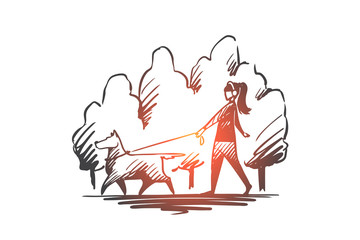 Fototapeta premium Walk, pet, dog, lifestyle, darling concept. Hand drawn isolated vector.