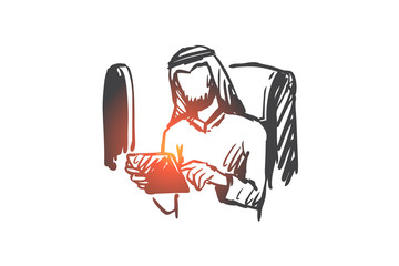 Gadgets, business trip, businessman, Muslim, airplane concept. Hand drawn isolated vector.