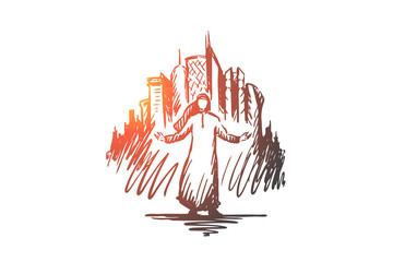 Megapolis, big city, businessman, islam, muslim concept. Hand drawn isolated vector.