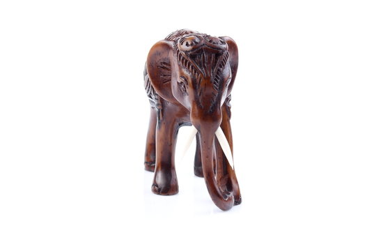 Brown Engraved pattern elephant like wooden carving with white ivory. Stand on white background, Isolated, Art Model Thai Crafts, For decoration Like in the spa.