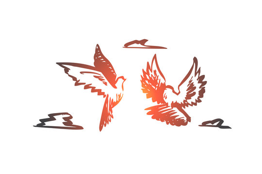 Freedom, peace, couple, flight, birds concept. Hand drawn isolated vector.