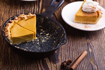 Slices of pumpkin pie in cast iron skillet