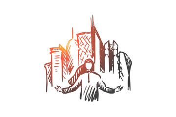 Megapolis, city, businessman, muslim concept. Hand drawn isolated vector.