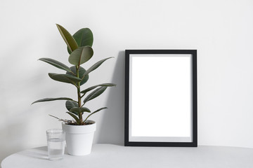 Poster A3 in black frame in nordic stylish modern interior, ficus, living room. Empty space for design layout.