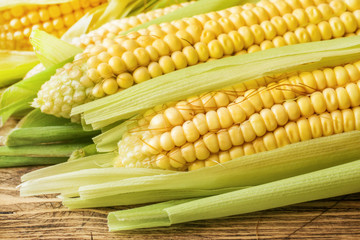 Fresh corn on cobs on rustic wooden table, closeup