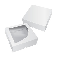 Cardboard Cake White Box. For Fast Food, Gift, etc. Vector Mockup. Carry Packaging. Template set of package.