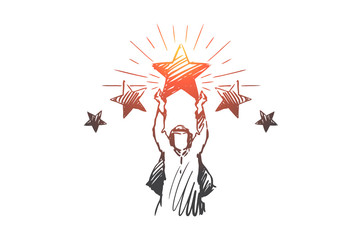 Muslim, success, rating, achievement, businessman concept. Hand drawn isolated vector.