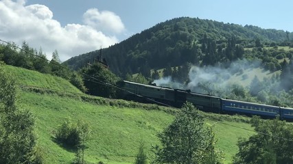 Mobile footage of passenger train rides in the Carpathians countryside sunny day