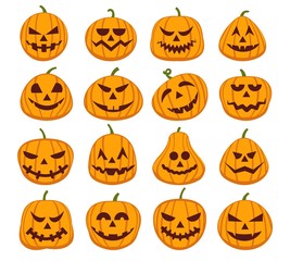 Pumpkin halloween faces. Spooky autumn pumpkins isolated on white background, scary cute smiles, vector illustration