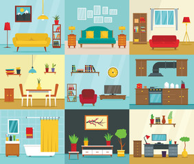 Interior banner set. Flat illustration of interior vector banner set for web design