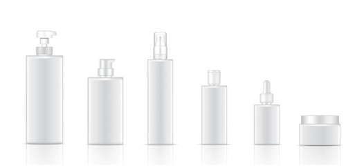Mock up Realistic White Cosmetic Soap, Shampoo, Cream, Oil Dropper and Spray Bottles Set for Skincare Product Background Illustration