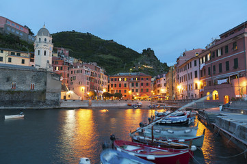 Resort Village Vernazza, Cinque Terre, Italy at dusk