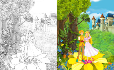 cartoon scene with young elf couple standing in the forest on a flower near majestic castle - illustration for children