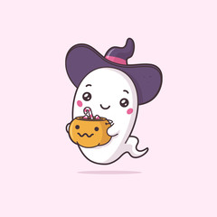 Cute kawaii ghost wearing witch hat holding candy lantern bucket vector cartoon illustration