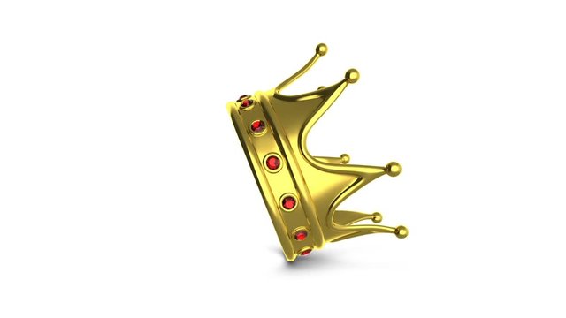 Looped animation rotating golden crown on white background. Isolated with alpha mask