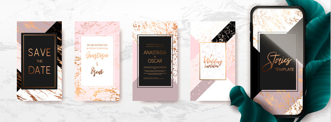 Editable template pack with gold and marble texture. Trendy kit, social and fashion ads, promotion flyer backgrounds, vector design. 