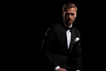 sexy young elegant man in tuxedo and bowtie