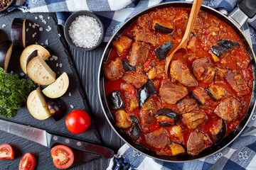 Aubergine Beef Stew in a pan
